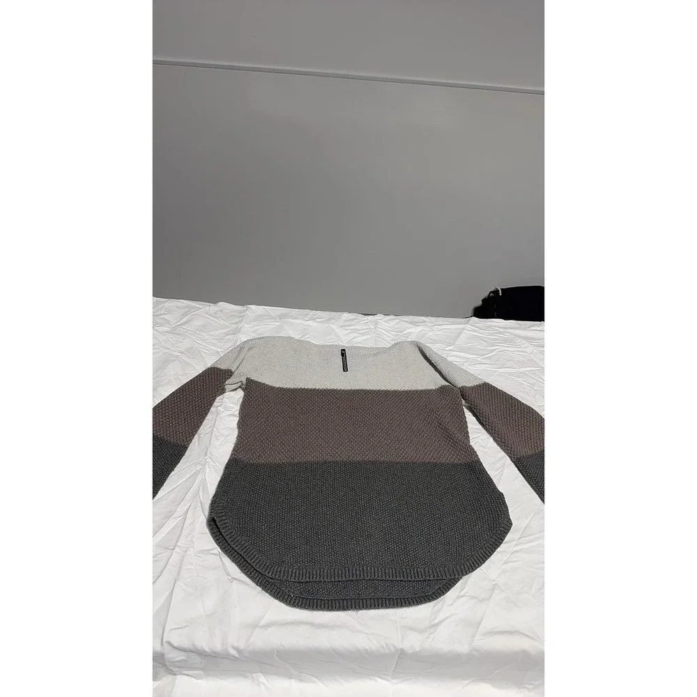Kuhl Womens Color Block Knit Sweater Medium Cream Gray Brown Round Hem Casual